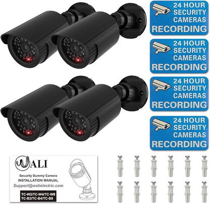WALI Fake Security Camera with Flashing Red Light, 4 Pack, Black（TC-B4）