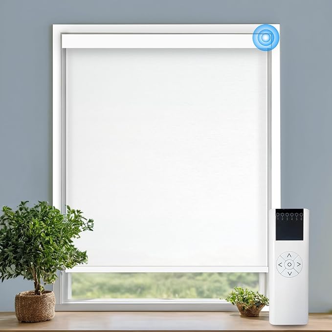 Motorized Blinds with Remote Cordless Automatic Motorized Shades Custom Blinds for Windows Smart Curtains Compatible with Alexa Google Home(Light Filtering Jacquard White,W22 x H72in)