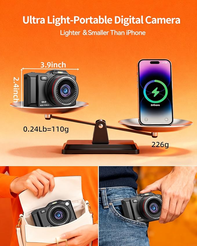 Digital Camera,4K 64MP Autofocus Vlogging Camera with Dual Lens,18X Zoom/WiFi/32GB Card/,Point and Shoot Cameras for Boys Girls Gifts (XJ600-Black)