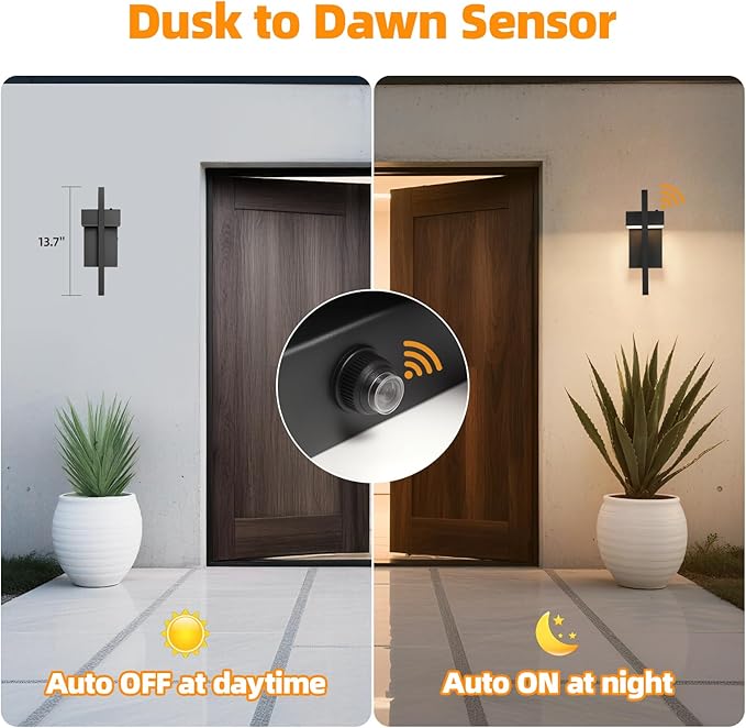 tewei 16.5'' LED Outdoor Wall Sconce Dusk to Dawn Outdoor Lighting, Modern Exterior Lighting Fixtures, Black LED Front Porch Lights Outside Wall Mount Lights for House, Hallway, 3000K, 1 Pack