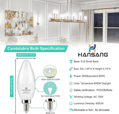 LED Candelabra Bulbs 6 Watt (60 Watt Equivalent),Daylight 5000K,600lm RA>83,Candle Bulb Base E12 for Chandelier B11 Ceiling Fan Bulb Non-Dimmable (6 Pack)