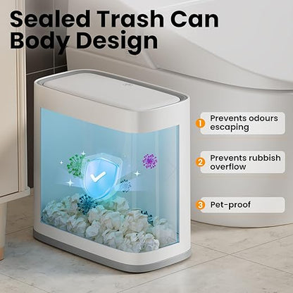 Slim Bathroom Trash Can with Lid and Wheels, 2.1 Gallon Small Garbage Can - Air-Press Bag Expander, Inner Bucket, Odor & Pet Proof, Press Top, Plastic Trash bin for Kitchen, Office, Bedroom,Toilet, RV