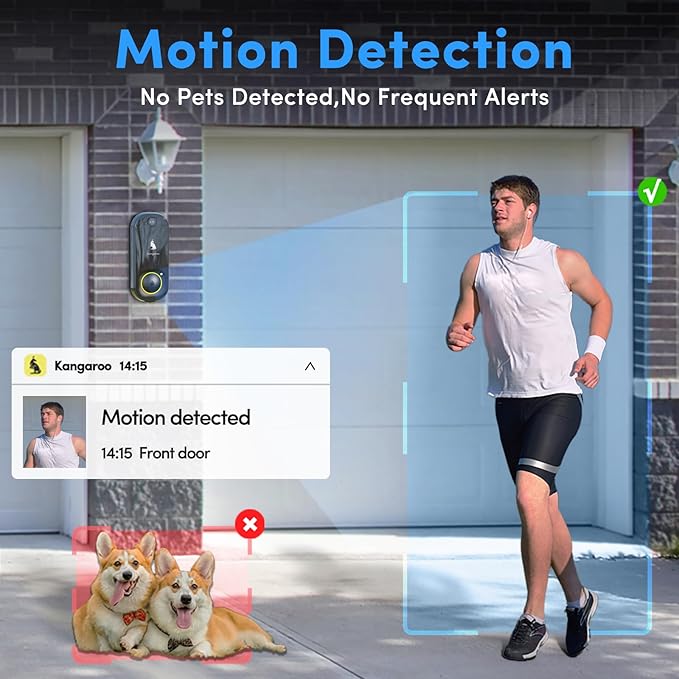 Kangaroo Wireless Doorbell+Chime,HD Camera,Easy Setup,Battery Power,Motion Detection,2.4G WiFi,Real-time Alerts to Phone,Security System for Home,Apartment and Office (2 Doorbell+2 Chime)