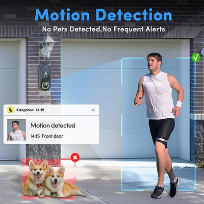 Kangaroo Wireless Doorbell+Chime,HD Camera,Easy Setup,Battery Power,Motion Detection,2.4G WiFi,Real-time Alerts to Phone,Security System for Home,Apartment and Office (2 Doorbell+2 Chime)