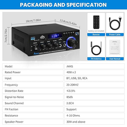 Bluetooth 5.0 Audio Amplifier Receivers-AK45 HiFi Stereo Mini Power Amplifier RMS 40W x 2 Max. 600W 2.0 Channel Home Theater Audio Components Speakers Amp W/MIC,USB, RCA,FM Radio