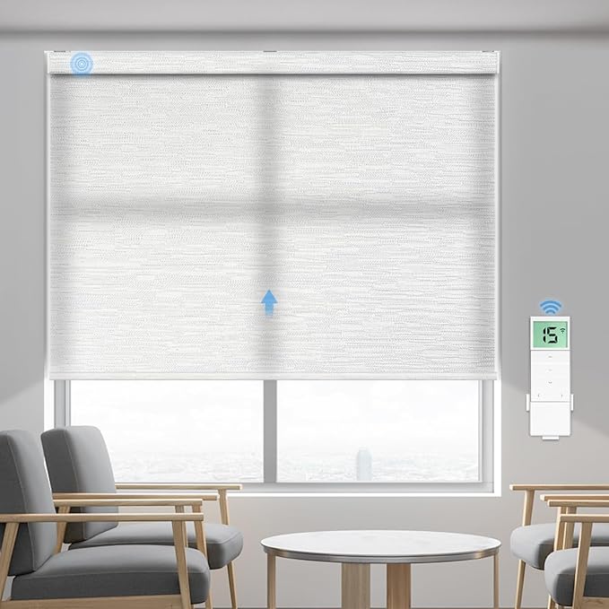 Tokblind Motorized Light Filtering Roller Shade Fabric Covered Valance and Bottom Rod, Remote Control Electric Window Blind Compatible with Alexa via Hub, Custom Size (Texture White - Wrapped Fabric)