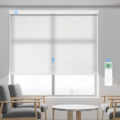 Tokblind Motorized Light Filtering Roller Shade Fabric Covered Valance and Bottom Rod, Remote Control Electric Window Blind Compatible with Alexa via Hub, Custom Size (Texture White - Wrapped Fabric)