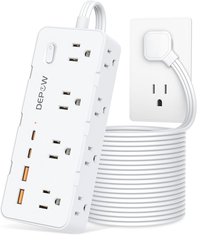 DEPOW Power Strips with Surge Protection, 10 FT Braided Extension Cord with Multiple Outlets-8 AC Outlets 4 USB Ports (2 USB C), 1700 Joule Surge Protector with Flag Plug for Home Office, White