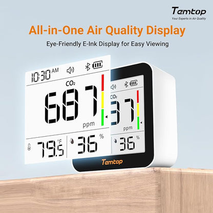 Temtop CO2 Monitor Indoor Air Quality Monitor 3 in 1 CO2 Meter(Temperature, Humidity and CO2), 180 Days Standby Time
