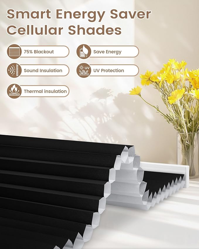 Kincmo Motorized Cellular Shades, Custom Motorized Blinds with Remote, Cordless Smart Electric Honeycomb Blinds Work with Apple HomeKit, Alexa, Google (75%-Blackout-Single-Cell Black)