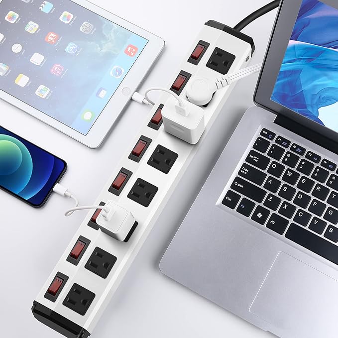 8 Outlet Metal Power Strip with Individual Switches,Heavy Duty Appliance Power Strip with Flat Plug,1200J Surge Protector,6FT Extension Cord 15A 120V 1800W for Home Office School Shop Industrial