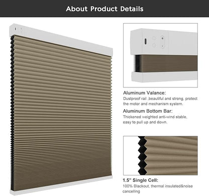 Changshade Motorized Cellular Shades with Remote Control Automatic for Indoor Windows Doors, Smart Blackout Blinds Auto Electric Power, Custom Size Honeycomb Blind Work with Alexa, Google Home, Brown