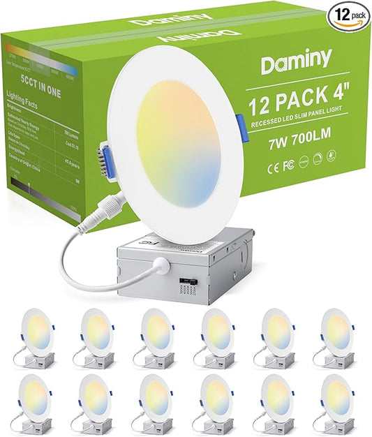 DAMINY 12 Pack 4 Inch LED Recessed Lighting with Junction Box,5CCT,Ultra-Thin Recessed Light,7W 700LM, Dimmable Canless Wafer Ceiling Light, High Brightness