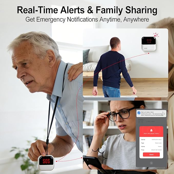 WiFi Caregiver Pager System, SOS Call Button for Elderly at Home, No Monthly Fee Emergency Alert Button with App Notifications, 2 Panic Buttons&1 Receiver, 426ft Range for Seniors, Patients, Disabled