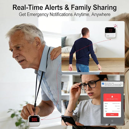 WiFi Caregiver Pager System, SOS Call Button for Elderly at Home, No Monthly Fee Emergency Alert Button with App Notifications, 2 Panic Buttons&1 Receiver, 426ft Range for Seniors, Patients, Disabled