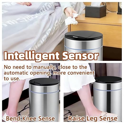 Garbage Can with Lid, Intelligent Sensor Opening and Closing, Small Garbage Can for Living Room, Bedroom, Kitchen and Bathroom (2, Silver)