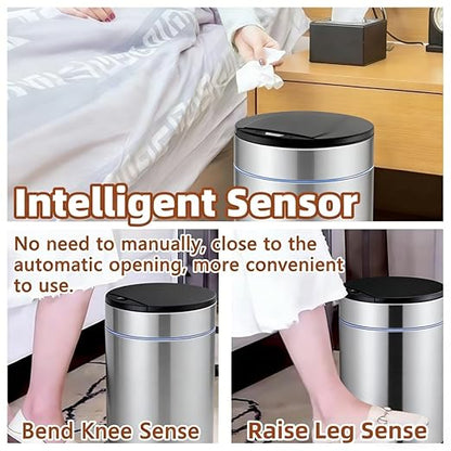 Garbage Can with Lid, Intelligent Sensor Opening and Closing, Small Garbage Can for Living Room, Bedroom, Kitchen and Bathroom (1, Silver)