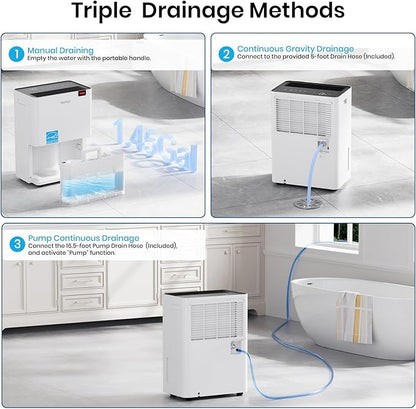 Gasbye Energy Star 2026 Dehumidifier with [𝗥𝗲𝗽𝗹𝗮𝗰𝗲𝗮𝗯𝗹𝗲 Pump] for Basement – [44dB Quiet, Easy to Clean & Clog-Free], Max 75 Pints/Day, 16.5ft Drain Hose, Auto Shut-Off, Auto Restart, White