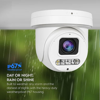 Real HD 4K 8MP Mini PTZ Dome PoE IP Camera Outdoor Pan 350° Tilt 90° 5X Optical Zoom, 130Ft Full Color Night Vision, H.265, IP67, NDAA Compliant