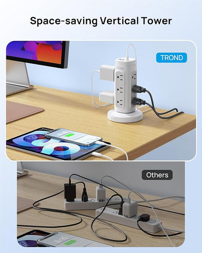 TROND Rotating Plug Power Strip Tower PD 20W - 5ft Retractable Extension Cord Surge Protector, 12 Outlets, 4 USB, 1700J Protection, Space Saving Home Office Desk Supplies, Dorm Room Essentials