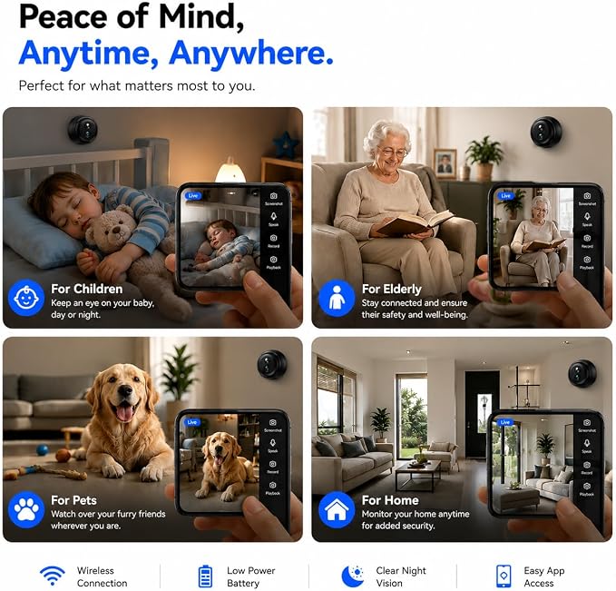 Wireless Indoor Security Camera, Battery Powered 2K QHD WiFi Camera with PIR Human Detection, Night Vision, Motion Alerts, Up to 60-Day Battery Life, Baby Monitor & Pet Camera for Home Security