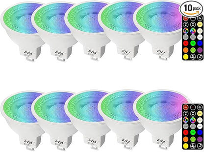 FTL MR16 LED Color Changing Light Bulb with Remote Control, 12V RGB Dimmable Colored Light Bulbs 5W=40W, 30 Color, Timer, 2700K-6000K, GU5.3 Landscape Light Bulbs for Track Recessed Lighting, 10-Pack