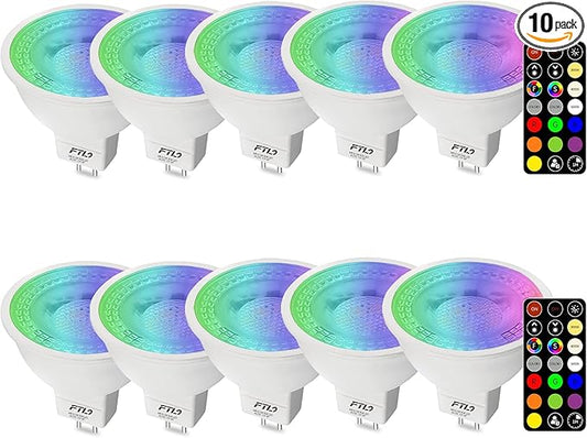 FTL MR16 LED Color Changing Light Bulb with Remote Control, 12V RGB Dimmable Colored Light Bulbs 5W=40W, 30 Color, Timer, 2700K-6000K, GU5.3 Landscape Light Bulbs for Track Recessed Lighting, 10-Pack