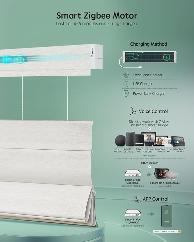Yoolax Smart Top Down Bottom Up Roman Shades, Motorized Roman Shades with Remote, Blackout Smart Blinds Work with Alexa, Google Home, Apple Homekit for Living Room Bedroom, Customized (Foggy Thread)