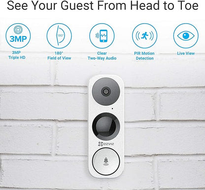 EZVIZ WiFi Video Doorbell, Night Vision, Two-Way Talk, PIR Motion Detection, Weather Proof, 180° Vertical FOV, Free 3-hour Cloud Storage(DB1) (Renewed)