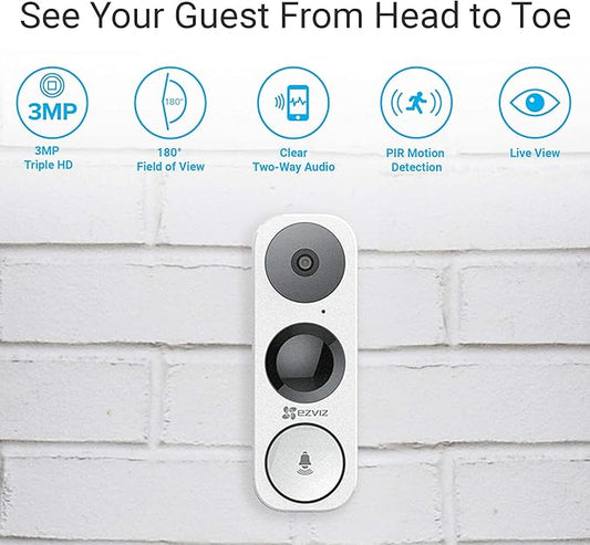 EZVIZ WiFi Video Doorbell, Night Vision, Two-Way Talk, PIR Motion Detection, Weather Proof, 180° Vertical FOV, Free 3-hour Cloud Storage(DB1) (Renewed)