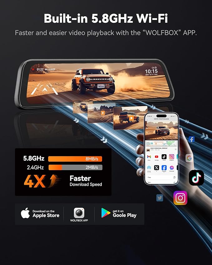 WOLFBOX G840S 12" 4K Mirror Dash Cam & USB C Acc Hardwire Kit