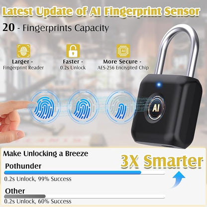 Fingerprint Padlock, Pothunder Smart Padlock, Locker Lock, Fingerprint Lock with APP Unlock, USB Rechargeable, Suitable for Gym Locker, Door(Black)