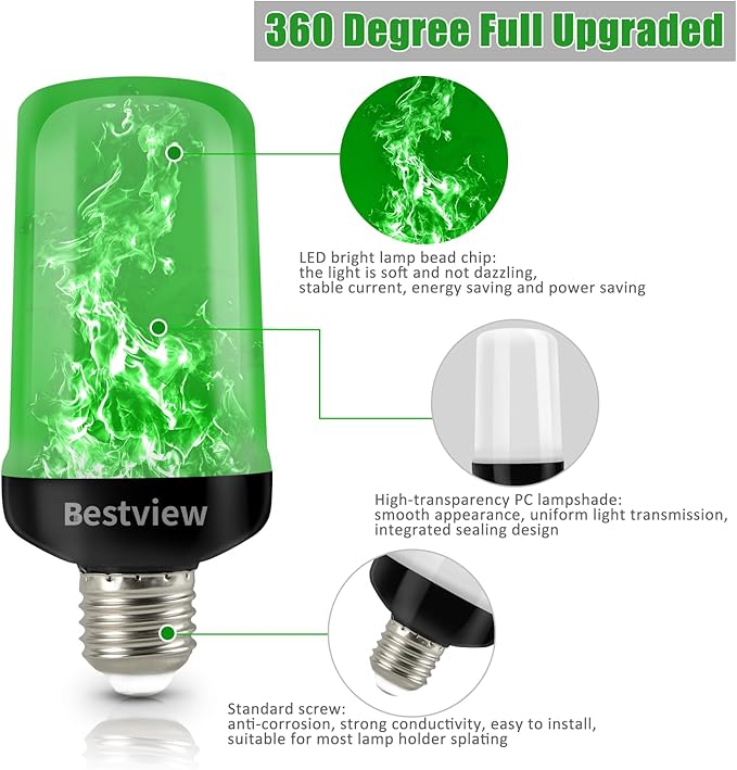 Bestview LED Flame Effect Light Bulbs,4 Modes Smart E26/E27 Base Flickering Fire Light Bulbs with for Halloween, Christmas, Party, Porch, Indoor&Outdoor Home Decoration Lighting (Green 2 Pack)