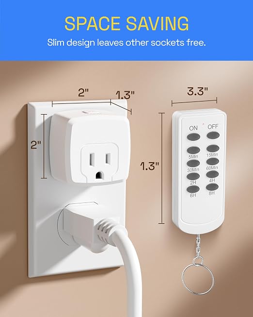 HBN Remote Control Outlet Indoor Remote Timer Outlet with 8 Timer Settings Plug‑in Power Switch RF Wireless Remote, Energy Saving Control for Lamps, Fans, Household Electronics