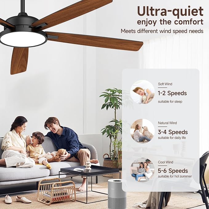 Roomratv 62 Inch Smart Ceiling Fan Compatible with App/Alexa/Google home | Black,Beep-Off Function,Ultra Quiet,Bright and Dimmable Led Light,Energy saving,Reversible，Indoor/Outdoor Use