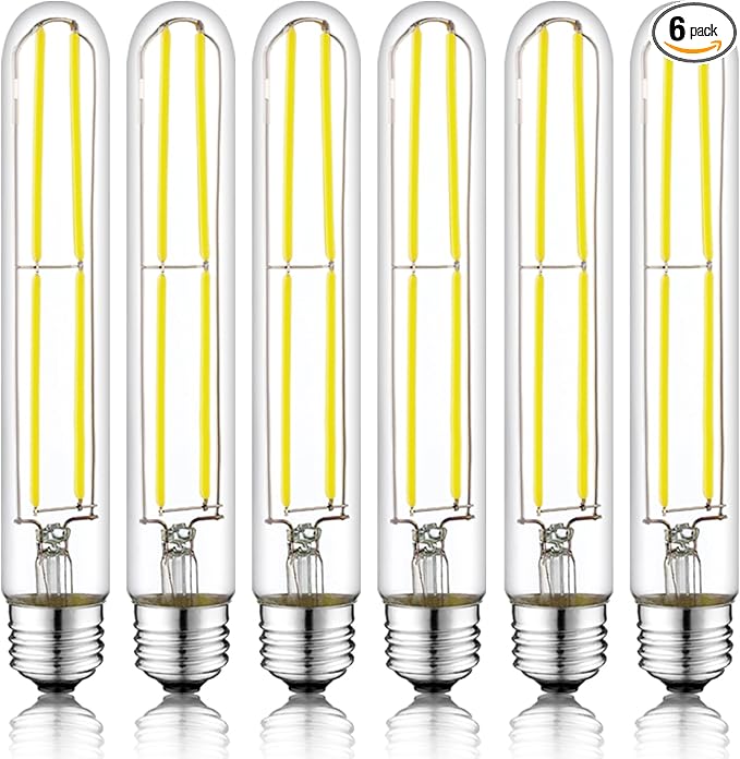 7.3 Inch E26 Led Bulb 6W Dimmable, 6000K Cool White Edison Bulbs 800LM, Equal 80 Watt Tubular T10 T9 Long Clear Glass Light Bulb for Rustic Pendant Industrial Pipe Wall Sconces - 6Pack