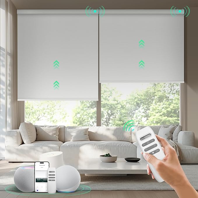 HeyBlinds Motorized Blinds with Remote, 100% Blackout Smart Blinds, Automatic Shades for Windows Compatible with Alexa Google and Homekit, Custom Size(Simply-Soft White BO)