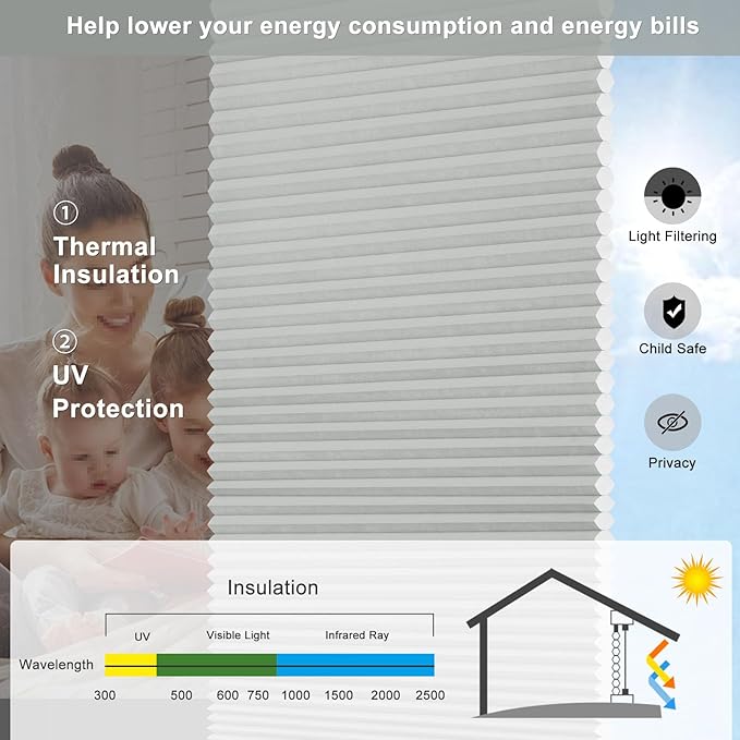 Changshade Cordless Cellular Shades Light Filtering Custom Size, Honeycomb Door Indoor Window Blinds 1.5 inch Cell Easy Install for Home, Office, Living Room, Bedroom, Bathroom, Nursey, Grey