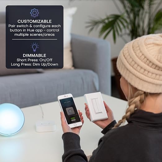 RunLessWire Click for Philips Hue Battery-Free Wireless Smart Switch White | Dimmable Kinetic Switch Pairs Natively to Philips Hue Bridge, 4 Programmable Buttons to Control Scenes & Areas, 100ft Range