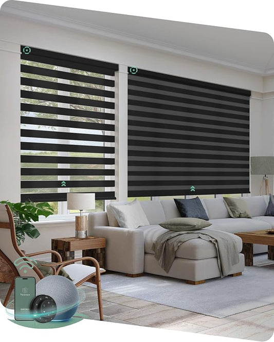Yoolax Motorized Zebra Blinds Compatible with Alexa, Smart Dual Layer Shades with Privacy Light Control, Electric Horizontal Window Blind Customized Size for Home Office (70% Shading Wool Black)