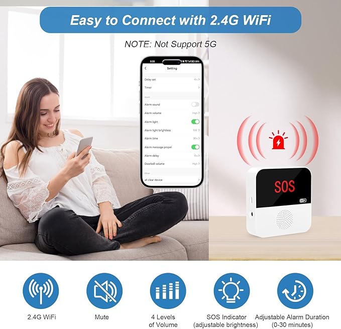 VOCA Wireless Personal Alarms & Pager for Elderly, Emergency Alarm, SOS Button, Panic Alarm, Nurse Call Bell, SOS System for Home/Personal, Caregiver Pager, Seniors, Patients, Disabled, 2.4G WiFi