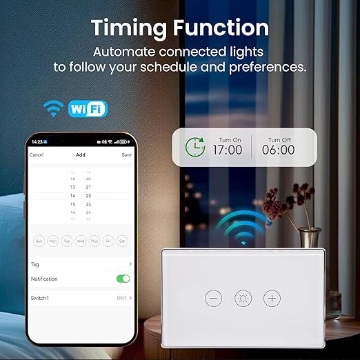 Smart Dimmer Switch,4.65 X 2.83 X 1.3 Inches,Aluminum Frame,Need Neutral Wire,2.4GHz,Tuya/Smart Life App/Alexa,2.5D Curved-Edge Tempered Glass Panel,White