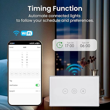 Smart Dimmer Switch,4.65 X 2.83 X 1.3 Inches,Aluminum Frame,Need Neutral Wire,2.4GHz,Tuya/Smart Life App/Alexa,2.5D Curved-Edge Tempered Glass Panel,White