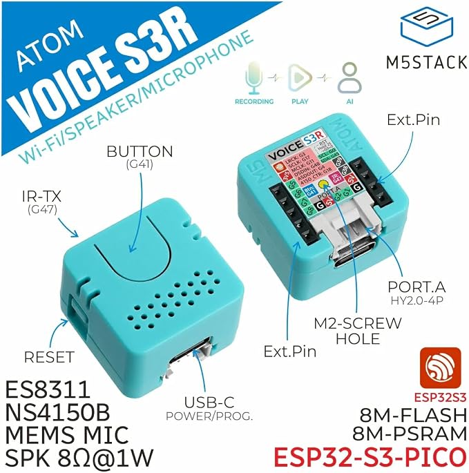 M5Stack Atom VoiceS3R Smart Speaker Dev Kit, ESP32-S3, 8MB Flash & 8MB RAM, Dual Core 240MHz, Wi-Fi, Microphone, Amplifier, New Atom Echo for 2026!