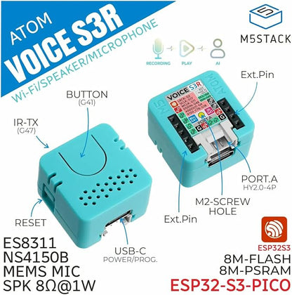 M5Stack Atom VoiceS3R Smart Speaker Dev Kit, ESP32-S3, 8MB Flash & 8MB RAM, Dual Core 240MHz, Wi-Fi, Microphone, Amplifier, New Atom Echo for 2026!