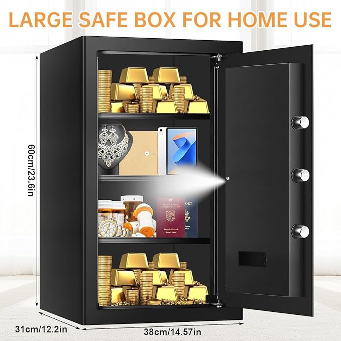 5.2 Cub Large Fireproof Safes for Home Use, Digital Security Safe Home Safes Fireproof Waterproof with Combination Lock and 3 Removable Shelves, Anti-Theft Fire Safe Box for Document Money Valuables