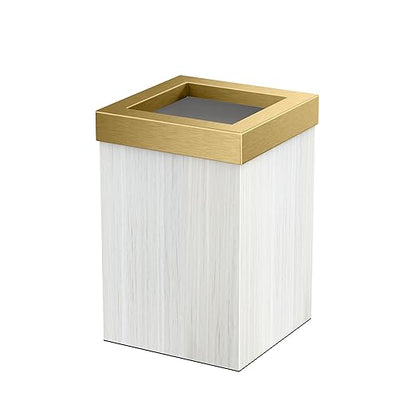 Gatco Small Bathroom Trash Can with Lid, Square 3 Gallon Wastebasket, Under Sink, White Oak with Brushed Brass, for Bathroom, Bedroom, Office (1936B)