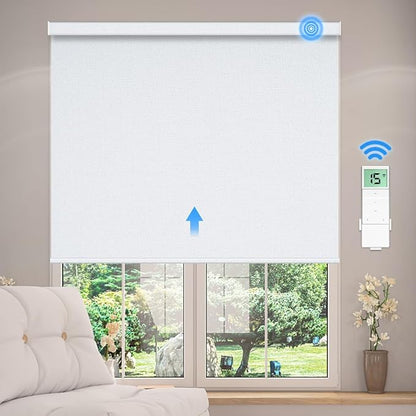 Tokblind Motorized Blackout Roller Shade Fabric Covered Valance and Bottom Rod, Remote Control Electric Window Blind Compatible with Alexa Google via Hub, Custom Size (Greyish White - Wrapped Fabric)