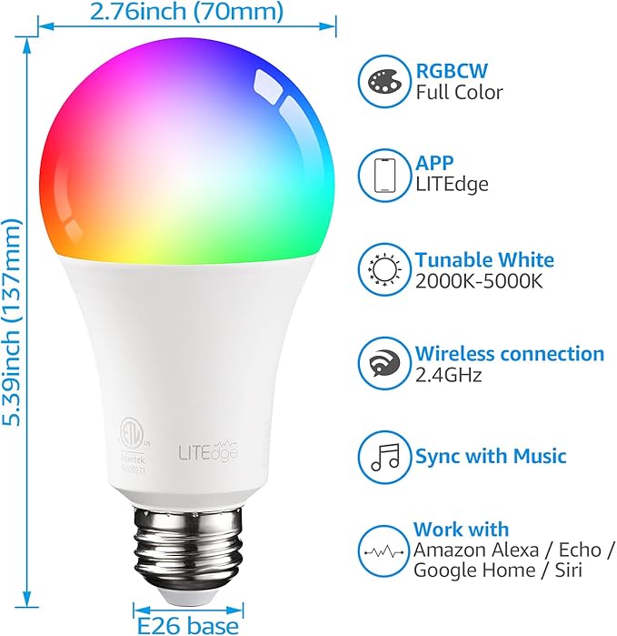TORCHSTAR A21 Smart Light Bulbs, WiFi & Bluetooth, Work with Alexa Echo Google Home Assistant Siri, 2000K-5000K RGBCW Full Color Changing Smart LED Bulb, No Hub Required, 75W Eqv., E26 Base, Pack of 4