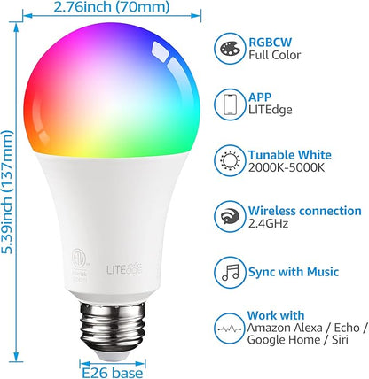 TORCHSTAR A21 Smart Light Bulbs, WiFi & Bluetooth, Work with Alexa Echo Google Home Assistant Siri, 2000K-5000K RGBCW Full Color Changing Smart LED Bulb, No Hub Required, 75W Eqv., E26 Base, Pack of 4